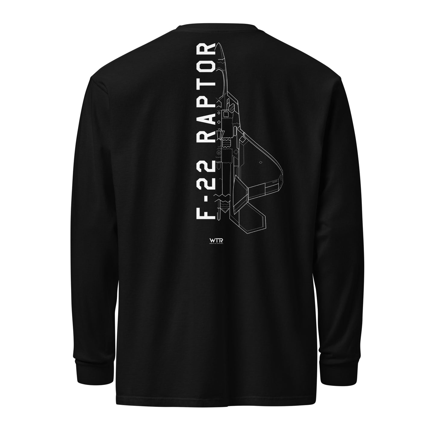 Hand-drawn technical schematic of the Lockheed Martin F-22 Raptor stealth fighter on a standard long-sleeve t-shirt.