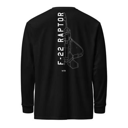 Hand-drawn technical schematic of the Lockheed Martin F-22 Raptor stealth fighter on a standard long-sleeve t-shirt.