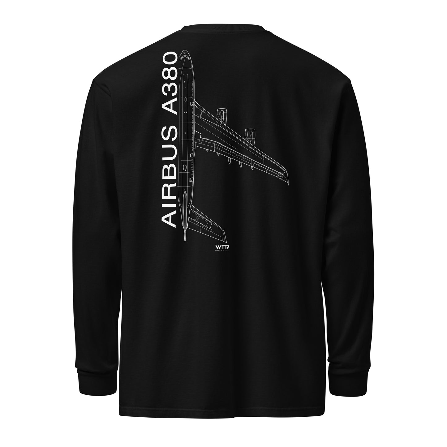 Hand-drawn technical schematic of the Airbus A380 SuperJumbo airliner printed on a standard long-sleeve t-shirt.