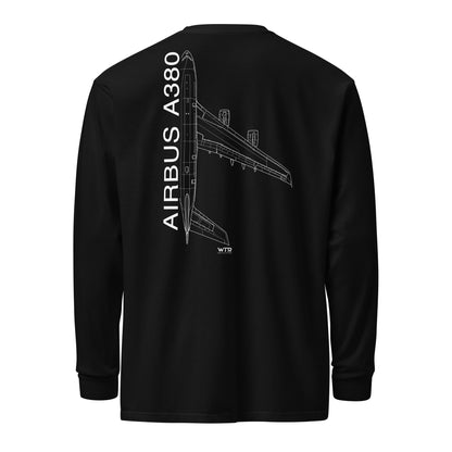 Hand-drawn technical schematic of the Airbus A380 SuperJumbo airliner printed on a standard long-sleeve t-shirt.