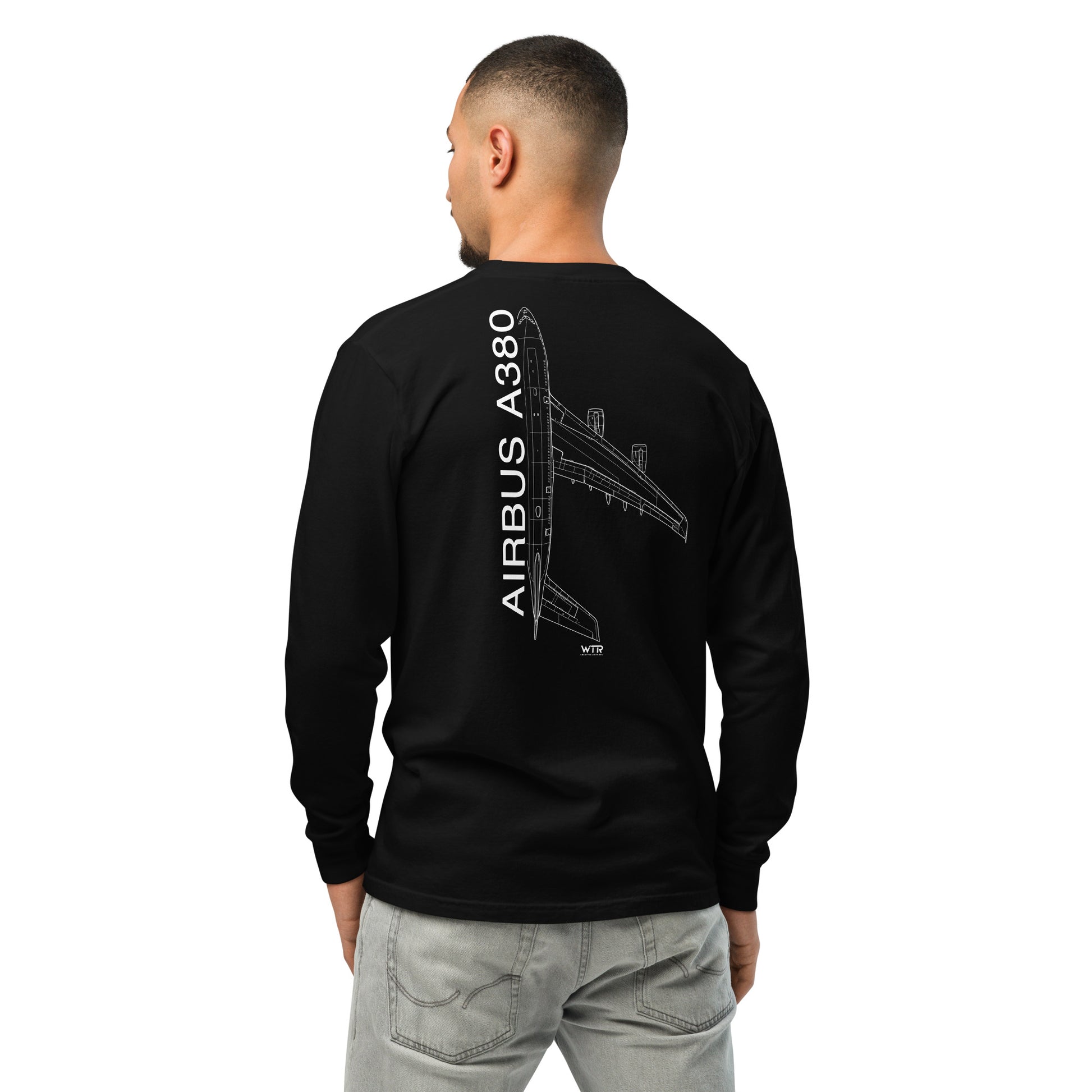 Hand-drawn technical schematic of the Airbus A380 SuperJumbo airliner printed on a standard long-sleeve t-shirt.