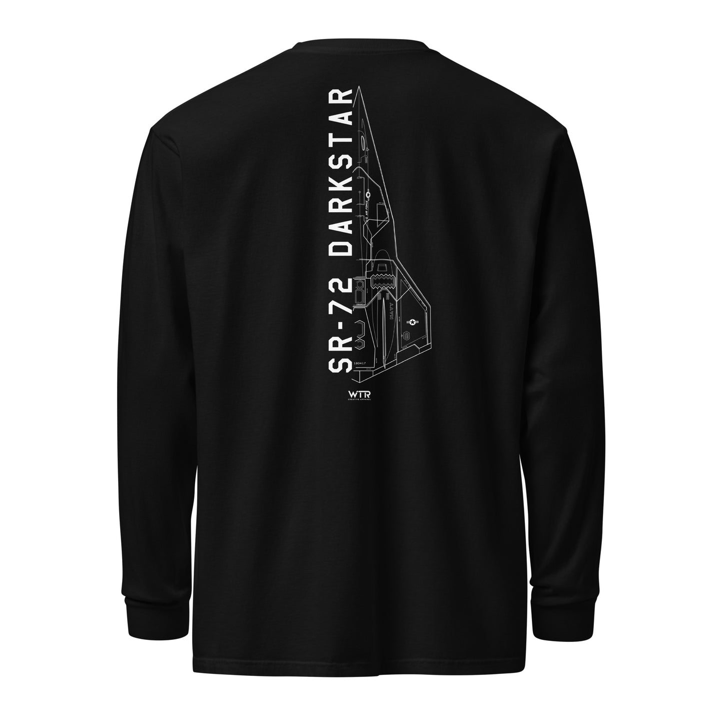 Hand-drawn schematic of the Lockheed Martin Skunk Works SR-72 Darkstar printed on a standard long-sleeve t-shirt.
