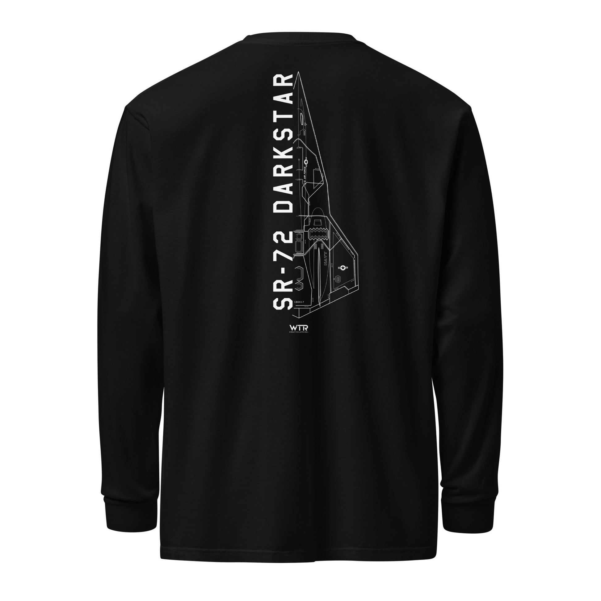 Hand-drawn schematic of the Lockheed Martin Skunk Works SR-72 Darkstar printed on a standard long-sleeve t-shirt.