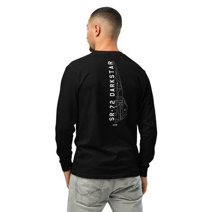 Hand-drawn schematic of the Lockheed Martin Skunk Works SR-72 Darkstar printed on a standard long-sleeve t-shirt.