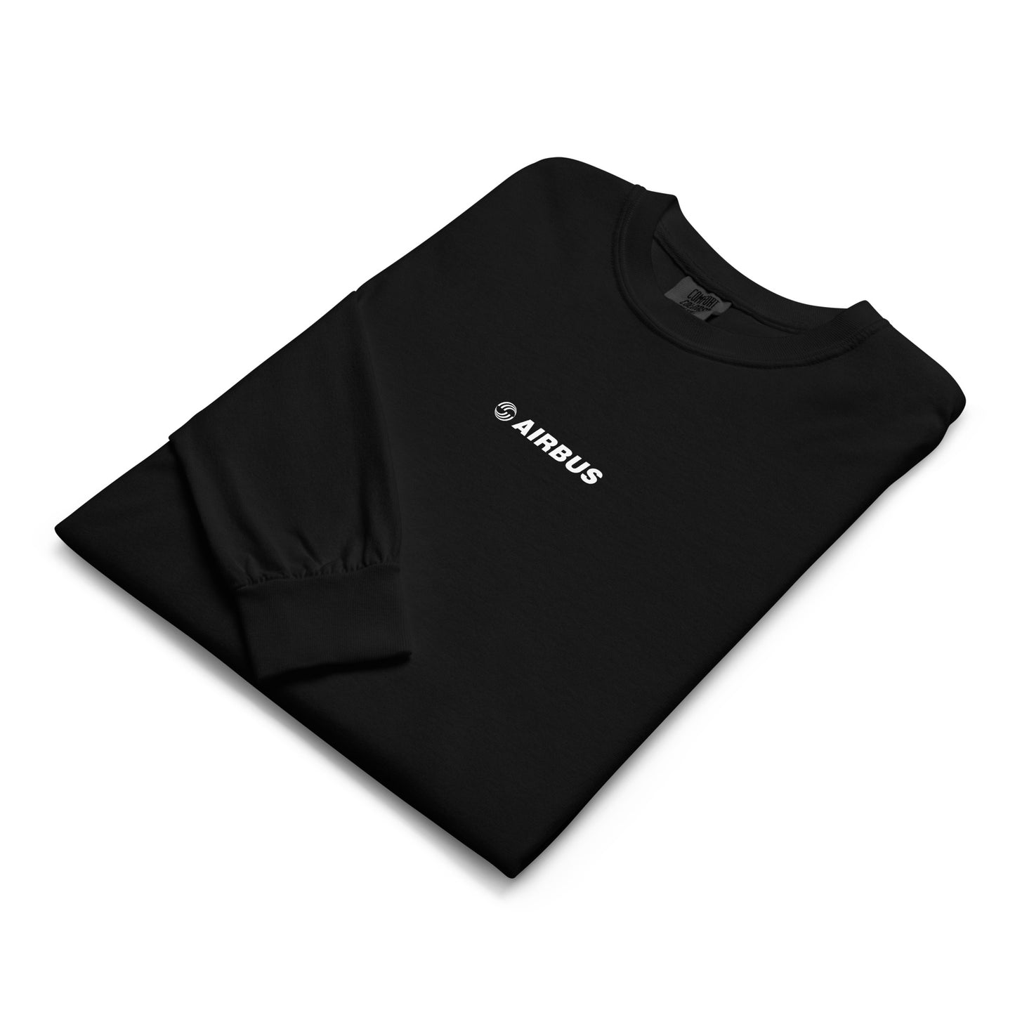 Hand-drawn technical schematic of the Airbus A380 SuperJumbo airliner printed on a standard long-sleeve t-shirt.
