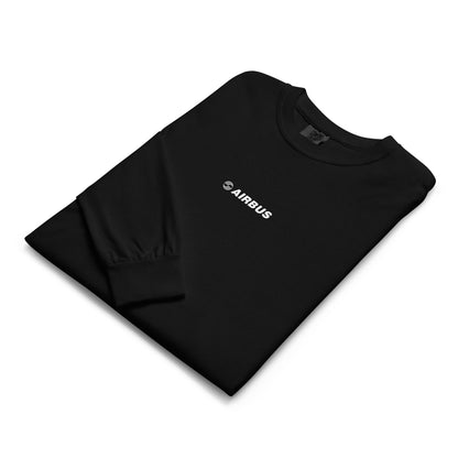 Hand-drawn technical schematic of the Airbus A380 SuperJumbo airliner printed on a standard long-sleeve t-shirt.