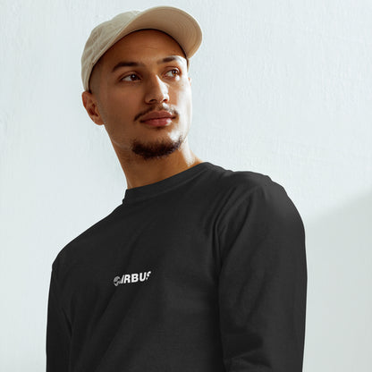 Hand-drawn technical schematic of the Airbus A380 SuperJumbo airliner printed on a standard long-sleeve t-shirt.