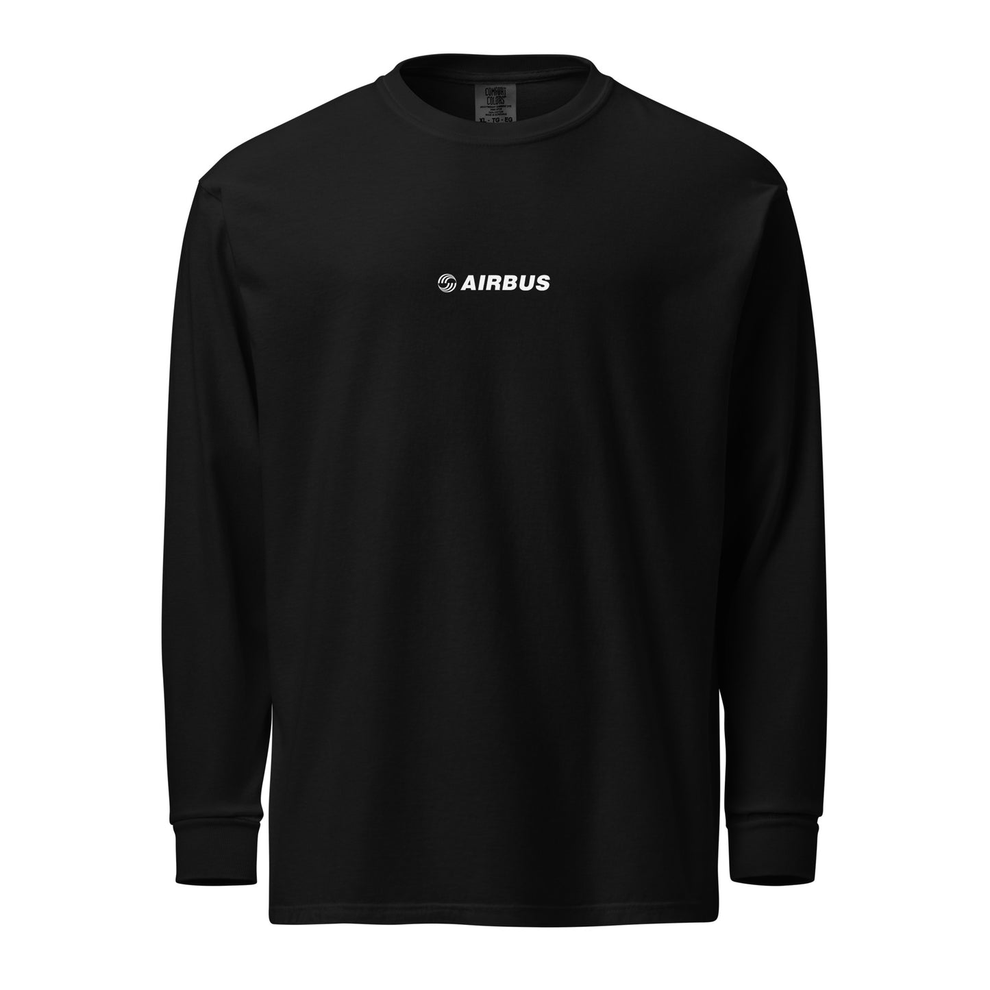 Hand-drawn technical schematic of the Airbus A380 SuperJumbo airliner printed on a standard long-sleeve t-shirt.