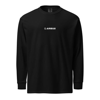 Hand-drawn technical schematic of the Airbus A380 SuperJumbo airliner printed on a standard long-sleeve t-shirt.
