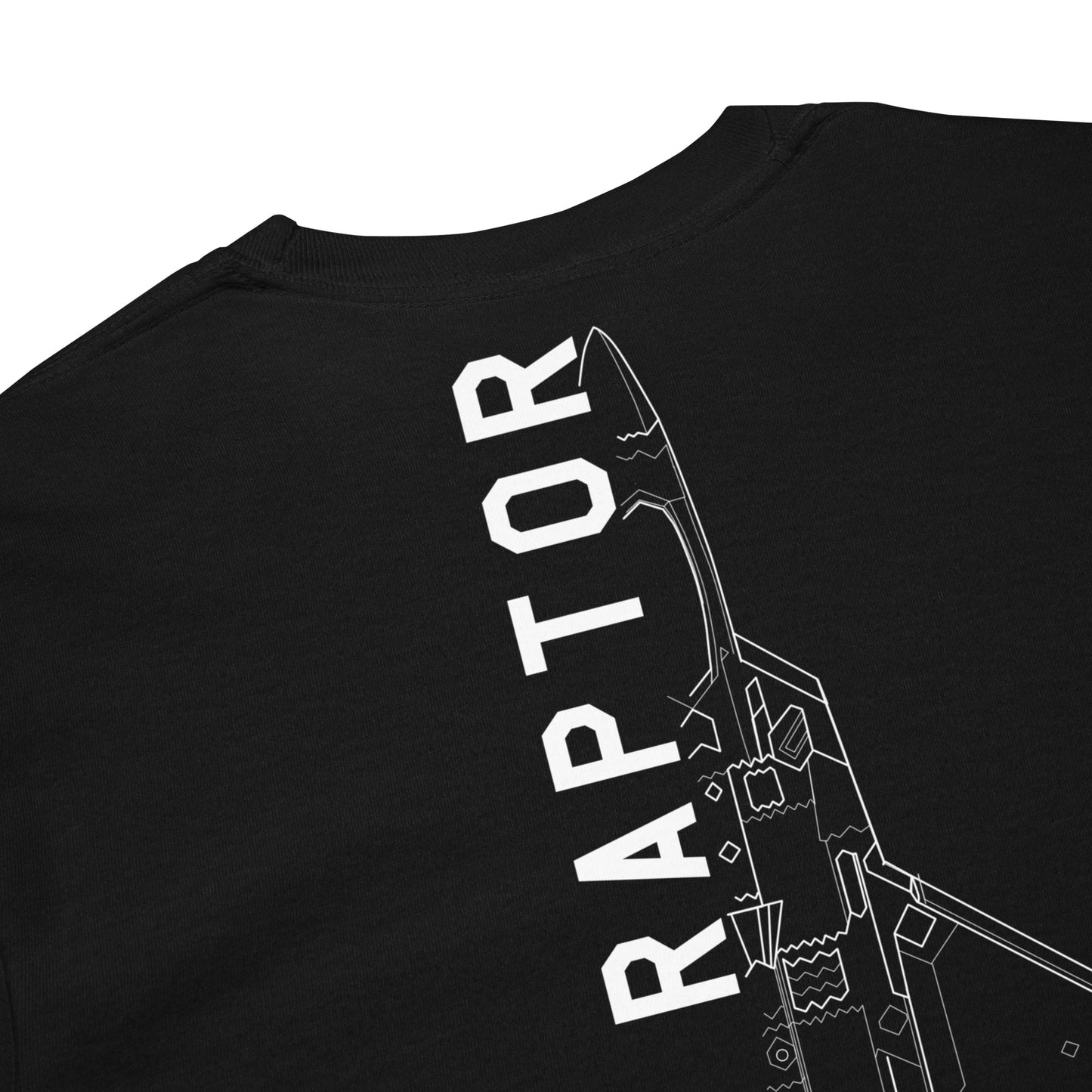Hand-drawn technical schematic of the Lockheed Martin F-22 Raptor stealth fighter on a standard long-sleeve t-shirt.