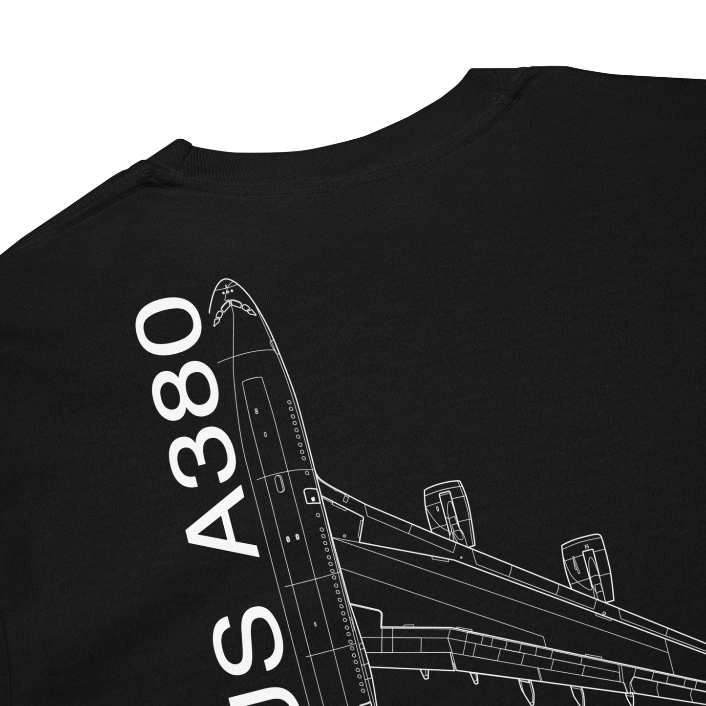 Hand-drawn technical schematic of the Airbus A380 SuperJumbo airliner printed on a standard long-sleeve t-shirt.