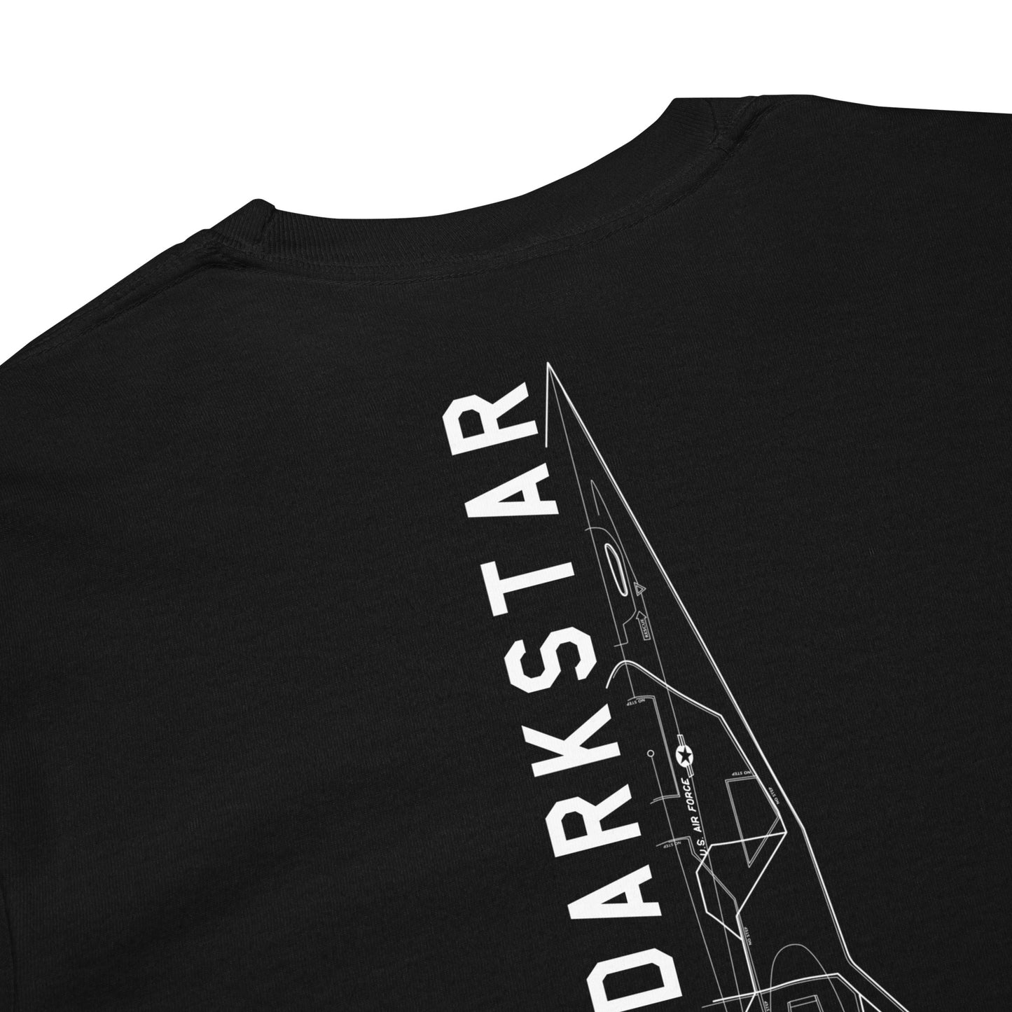 Hand-drawn schematic of the Lockheed Martin Skunk Works SR-72 Darkstar printed on a standard long-sleeve t-shirt.