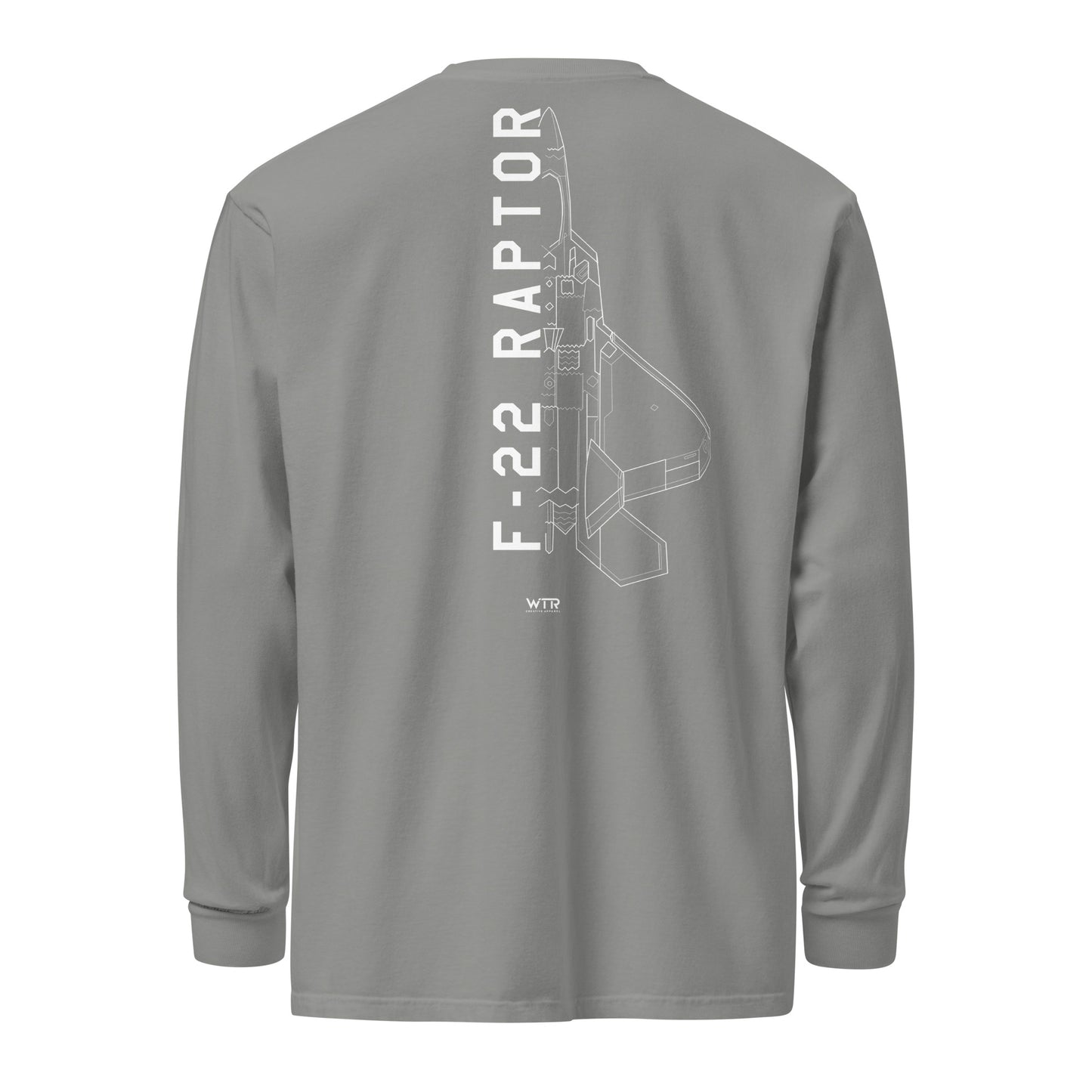 Hand-drawn technical schematic of the Lockheed Martin F-22 Raptor stealth fighter on a standard long-sleeve t-shirt.