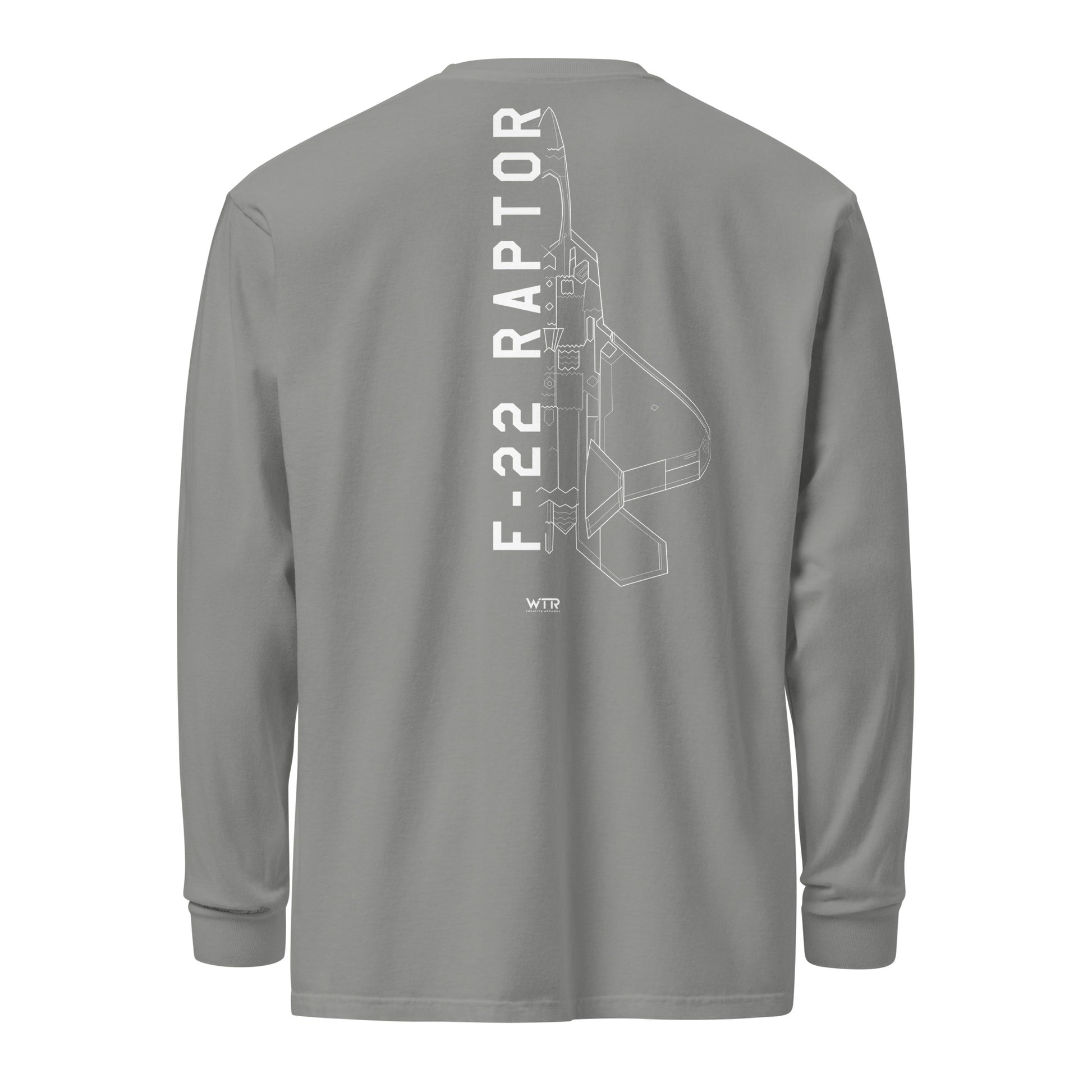 Hand-drawn technical schematic of the Lockheed Martin F-22 Raptor stealth fighter on a standard long-sleeve t-shirt.