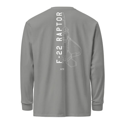 Hand-drawn technical schematic of the Lockheed Martin F-22 Raptor stealth fighter on a standard long-sleeve t-shirt.