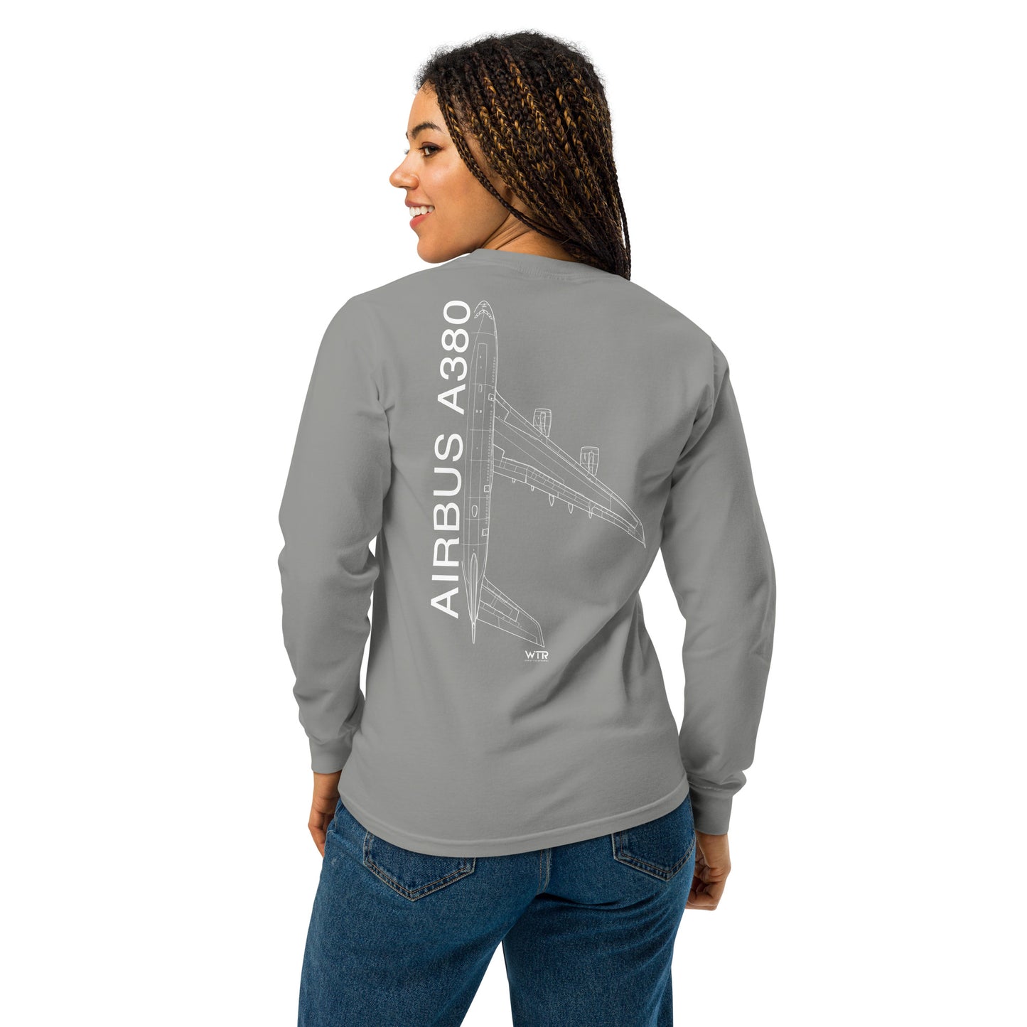 Hand-drawn technical schematic of the Airbus A380 SuperJumbo airliner printed on a standard long-sleeve t-shirt.
