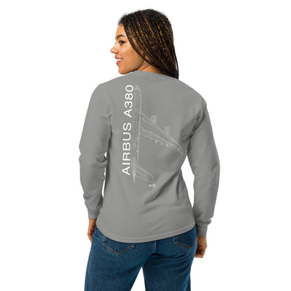 Hand-drawn technical schematic of the Airbus A380 SuperJumbo airliner printed on a standard long-sleeve t-shirt.