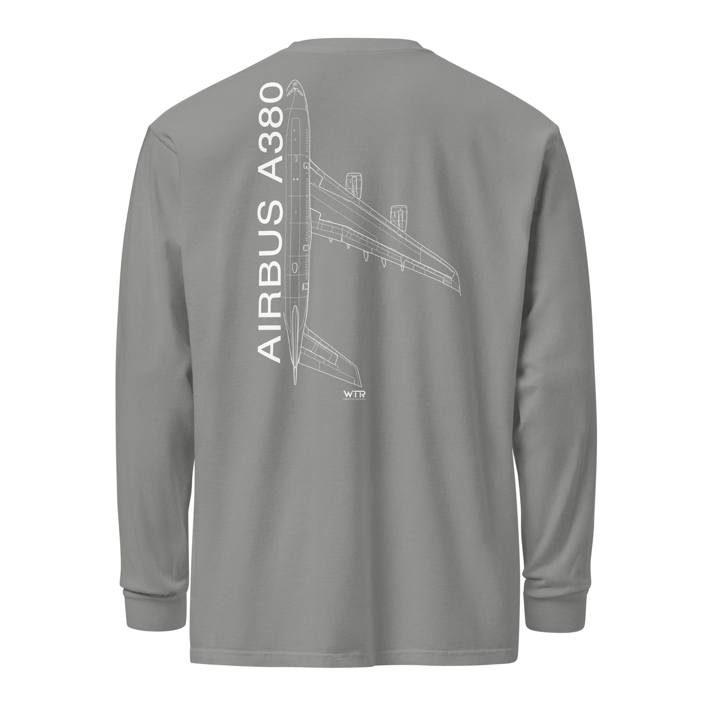 Hand-drawn technical schematic of the Airbus A380 SuperJumbo airliner printed on a standard long-sleeve t-shirt.