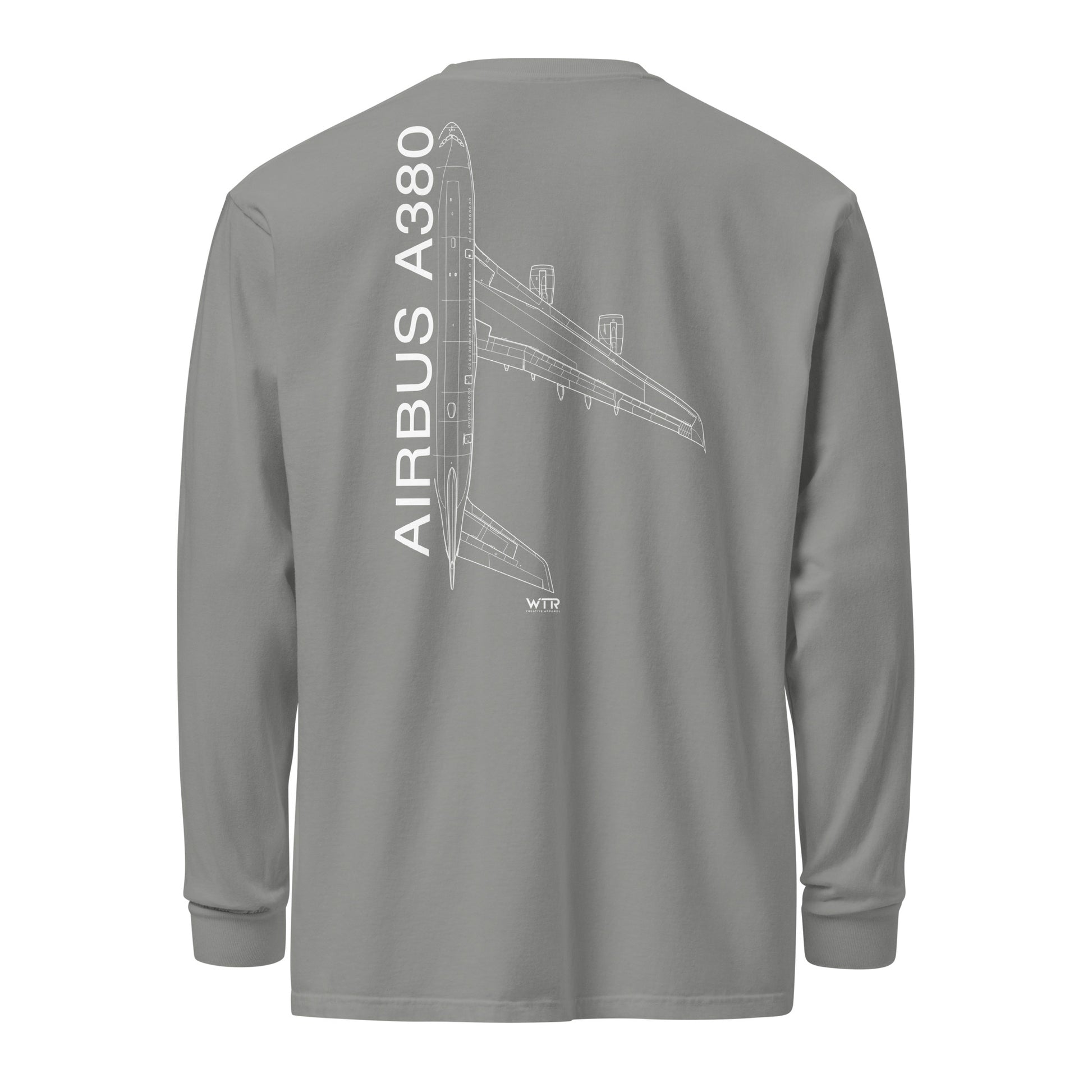 Hand-drawn technical schematic of the Airbus A380 SuperJumbo airliner printed on a standard long-sleeve t-shirt.