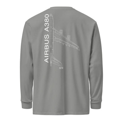 Hand-drawn technical schematic of the Airbus A380 SuperJumbo airliner printed on a standard long-sleeve t-shirt.