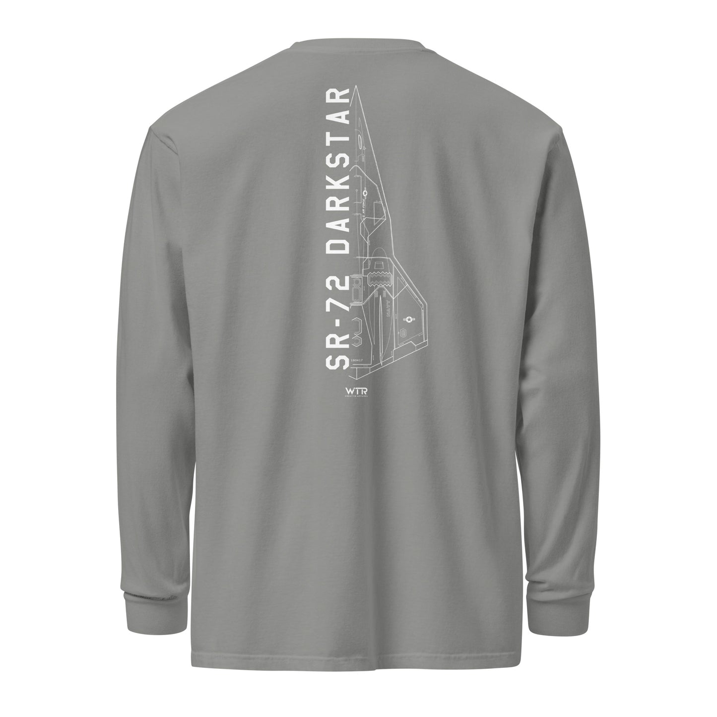 Hand-drawn schematic of the Lockheed Martin Skunk Works SR-72 Darkstar printed on a standard long-sleeve t-shirt.