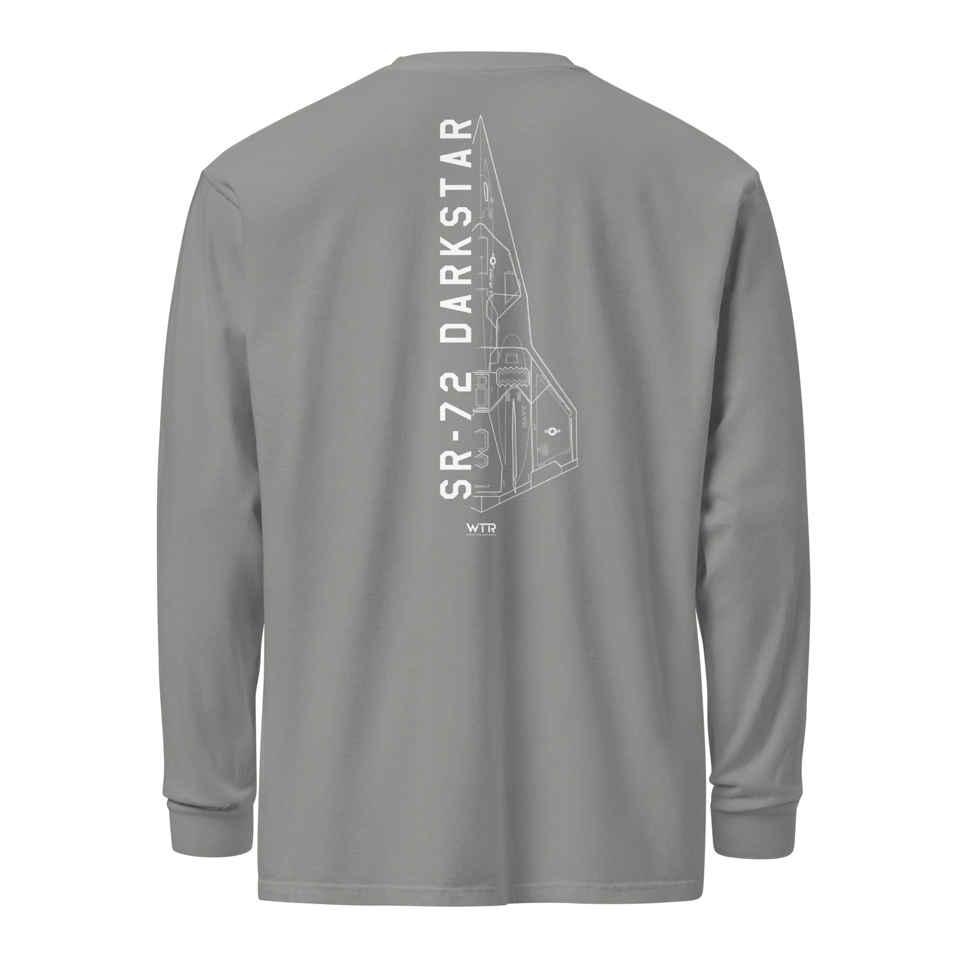Hand-drawn schematic of the Lockheed Martin Skunk Works SR-72 Darkstar printed on a standard long-sleeve t-shirt.