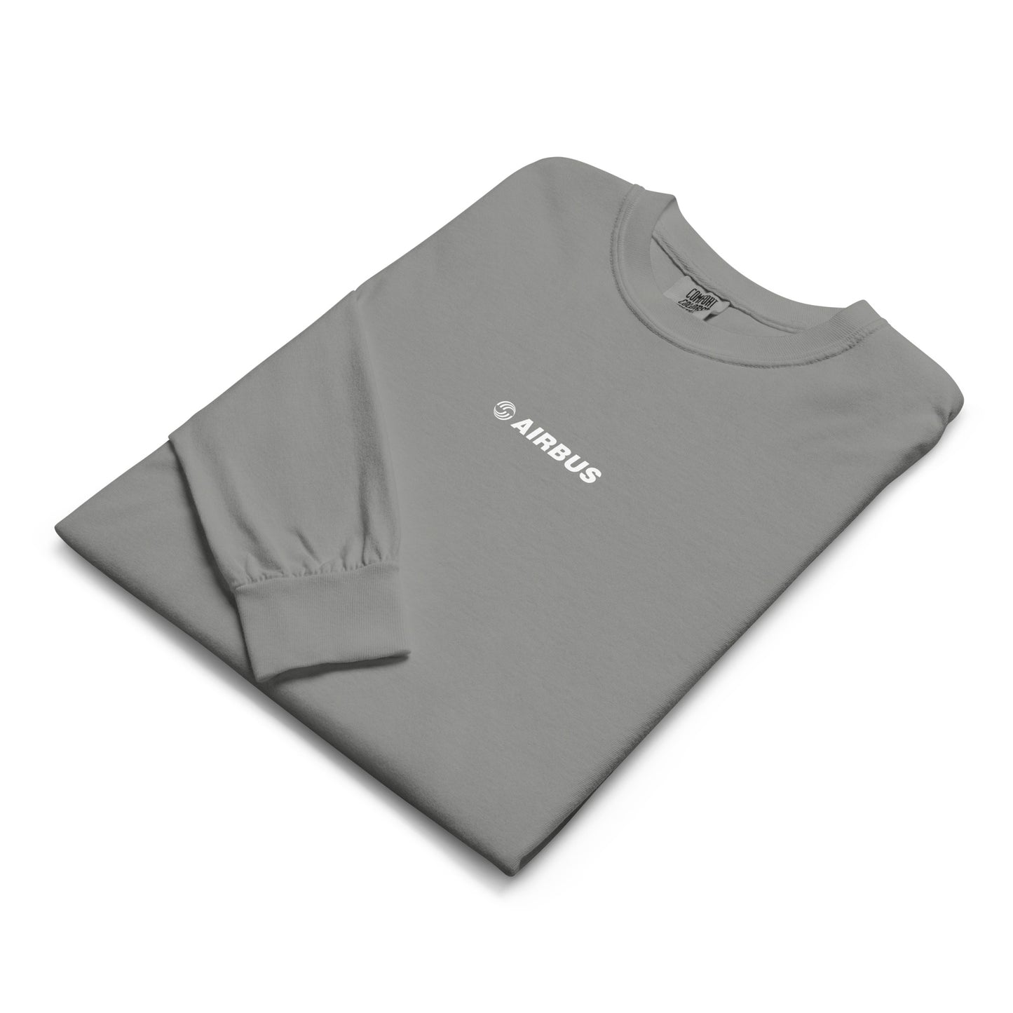 Hand-drawn technical schematic of the Airbus A380 SuperJumbo airliner printed on a standard long-sleeve t-shirt.