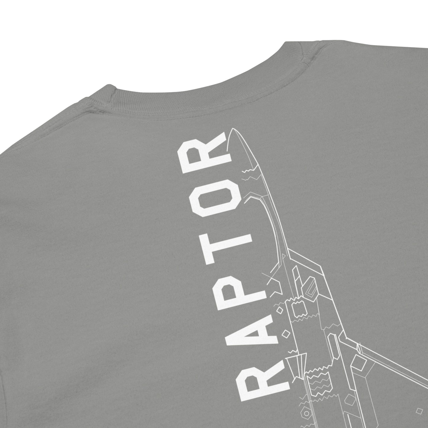 Hand-drawn technical schematic of the Lockheed Martin F-22 Raptor stealth fighter on a standard long-sleeve t-shirt.