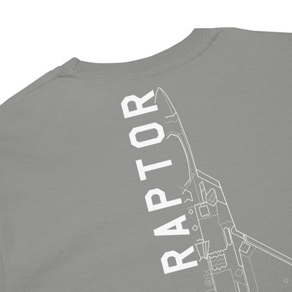 Hand-drawn technical schematic of the Lockheed Martin F-22 Raptor stealth fighter on a standard long-sleeve t-shirt.