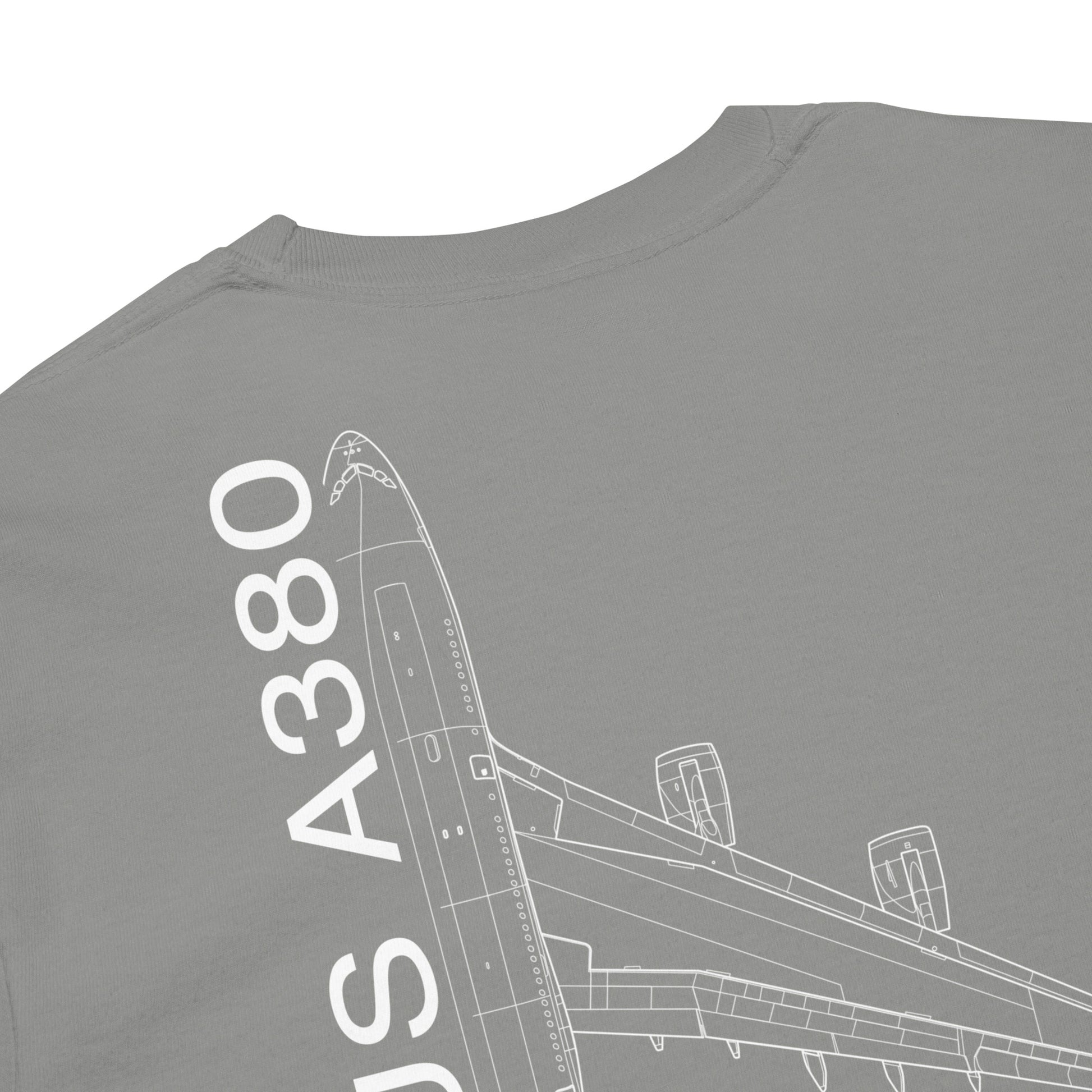 Hand-drawn technical schematic of the Airbus A380 SuperJumbo airliner printed on a standard long-sleeve t-shirt.