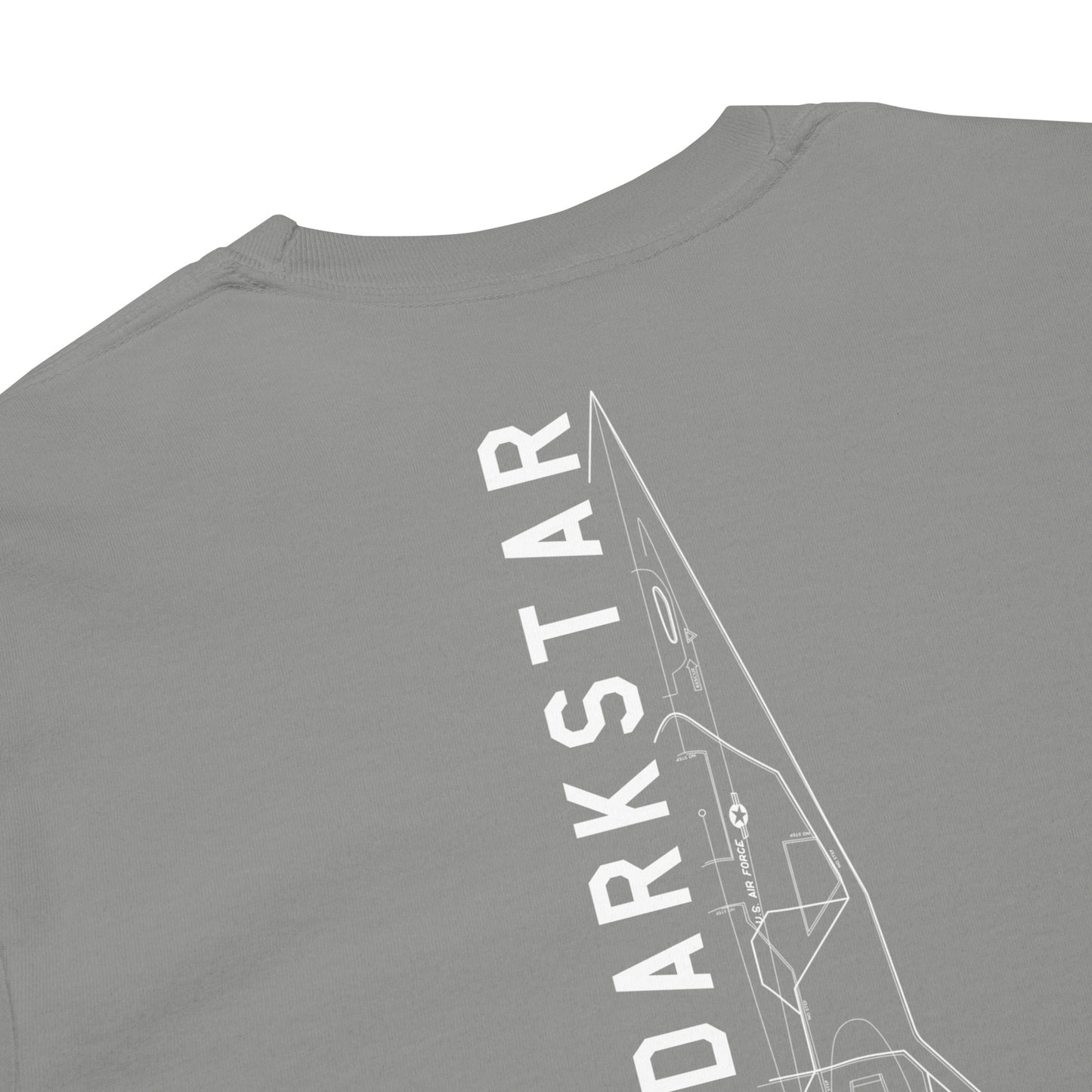 Hand-drawn schematic of the Lockheed Martin Skunk Works SR-72 Darkstar printed on a standard long-sleeve t-shirt.