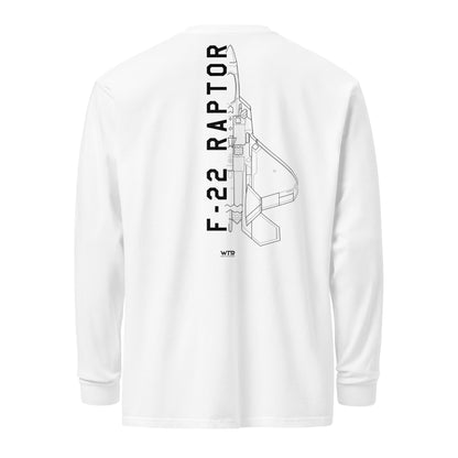 Hand-drawn technical schematic of the Lockheed Martin F-22 Raptor stealth fighter on a standard long-sleeve t-shirt.