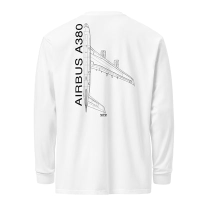 Hand-drawn technical schematic of the Airbus A380 SuperJumbo airliner printed on a standard long-sleeve t-shirt.