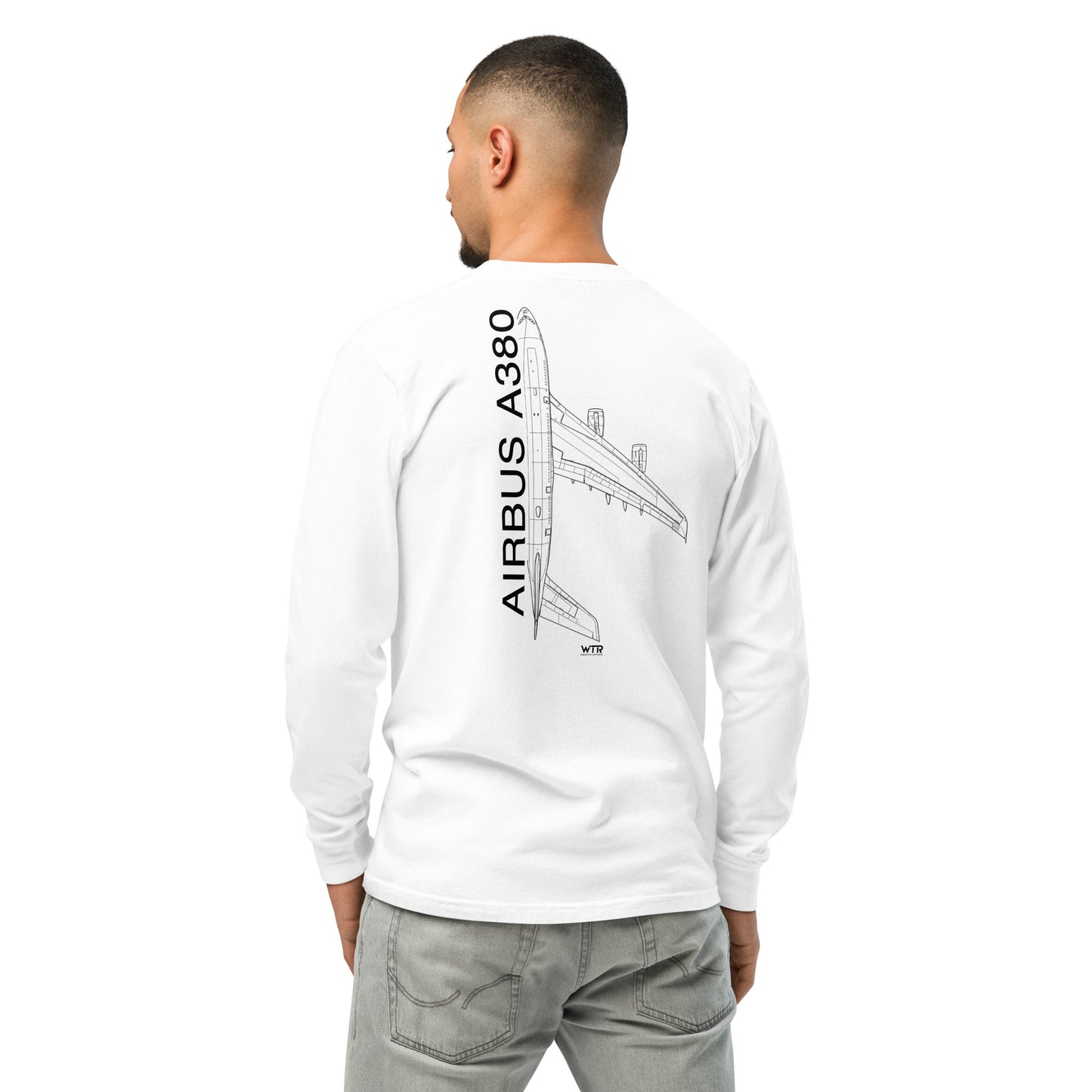 Hand-drawn technical schematic of the Airbus A380 SuperJumbo airliner printed on a standard long-sleeve t-shirt.