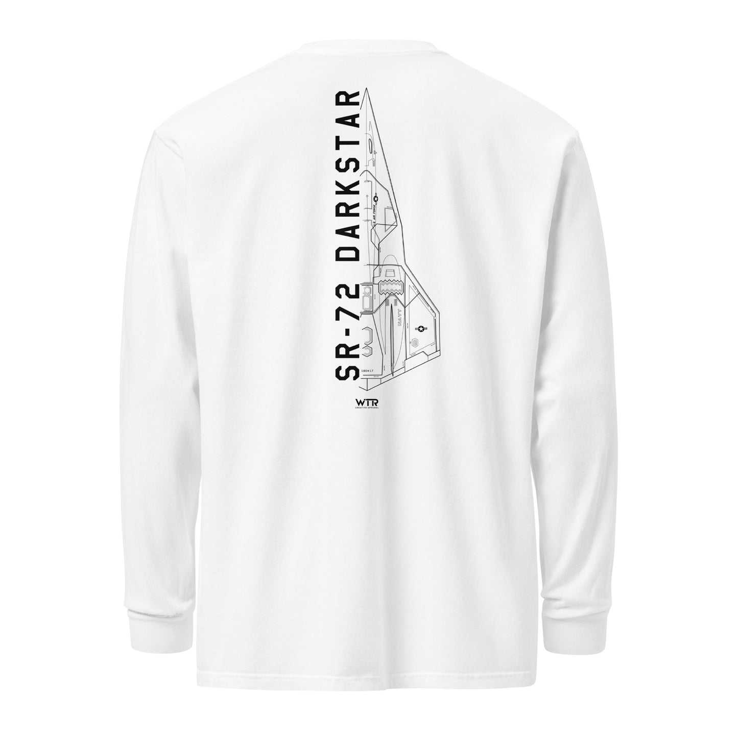 Hand-drawn schematic of the Lockheed Martin Skunk Works SR-72 Darkstar printed on a standard long-sleeve t-shirt.
