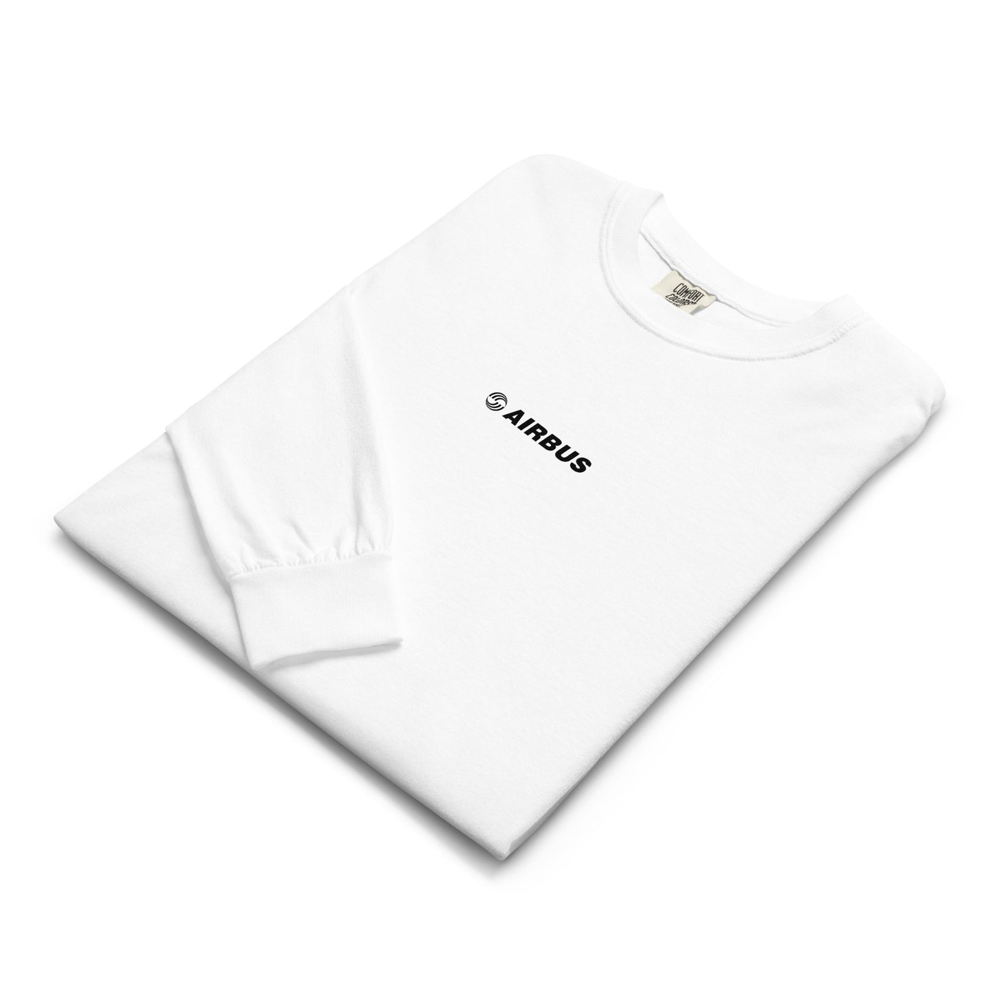 Hand-drawn technical schematic of the Airbus A380 SuperJumbo airliner printed on a standard long-sleeve t-shirt.