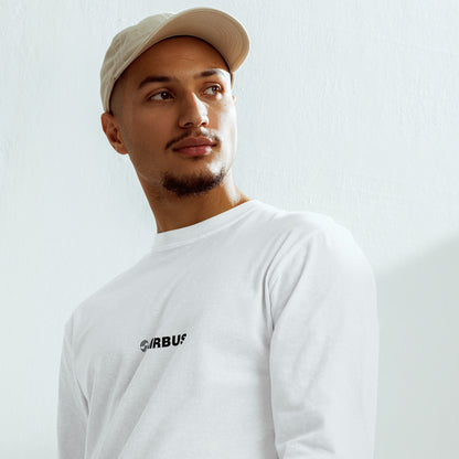 Hand-drawn technical schematic of the Airbus A380 SuperJumbo airliner printed on a standard long-sleeve t-shirt.