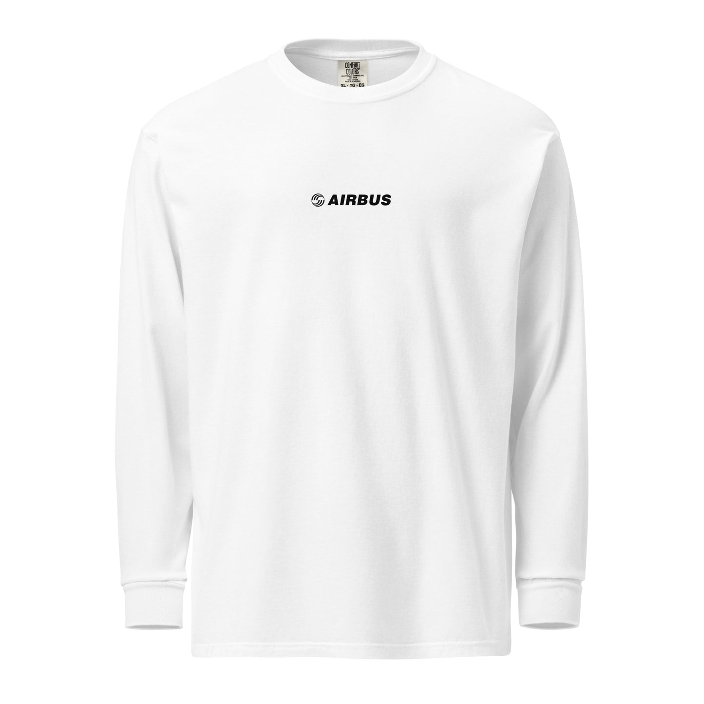 Hand-drawn technical schematic of the Airbus A380 SuperJumbo airliner printed on a standard long-sleeve t-shirt.