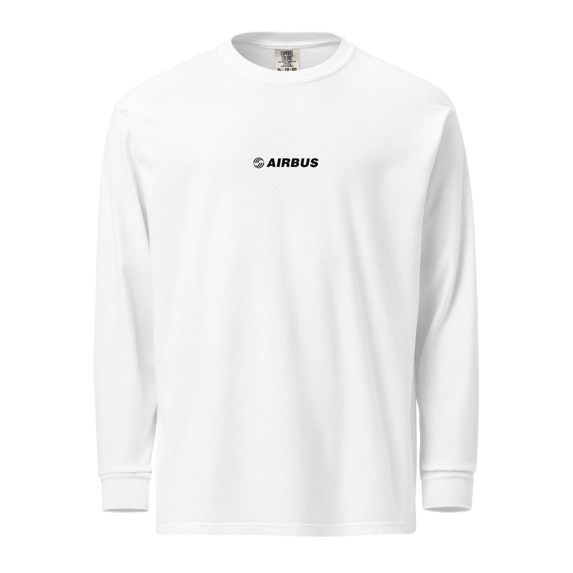 Hand-drawn technical schematic of the Airbus A380 SuperJumbo airliner printed on a standard long-sleeve t-shirt.