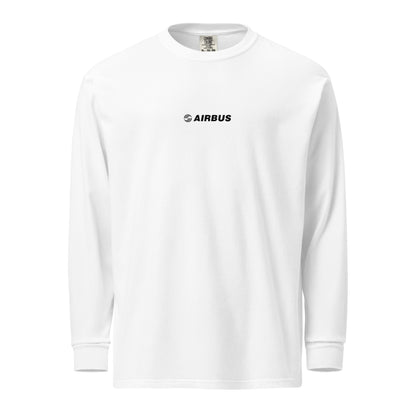 Hand-drawn technical schematic of the Airbus A380 SuperJumbo airliner printed on a standard long-sleeve t-shirt.