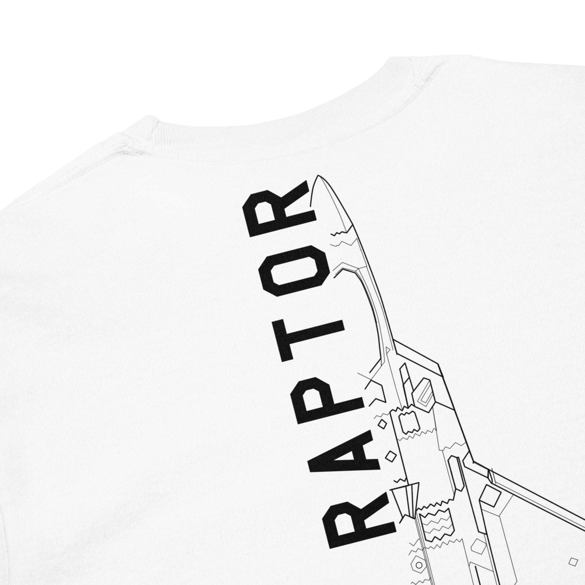 Hand-drawn technical schematic of the Lockheed Martin F-22 Raptor stealth fighter on a standard long-sleeve t-shirt.