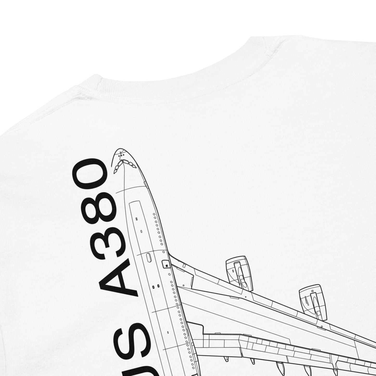 Hand-drawn technical schematic of the Airbus A380 SuperJumbo airliner printed on a standard long-sleeve t-shirt.