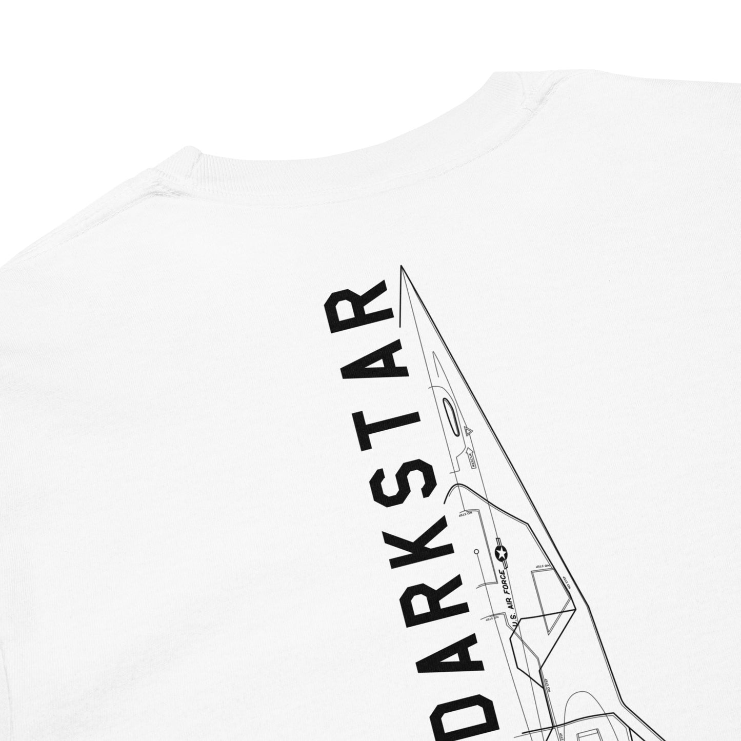 Hand-drawn schematic of the Lockheed Martin Skunk Works SR-72 Darkstar printed on a standard long-sleeve t-shirt.