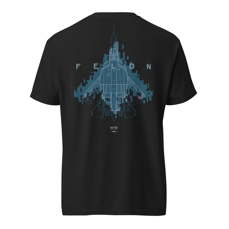 SUKHOI SU‑57 FELON - DIGITAL PIXEL 2 CAMOUFLAGE STUDY — hand-drawn stealth fighter artwork printed on standard T-shirt; camouflage study.