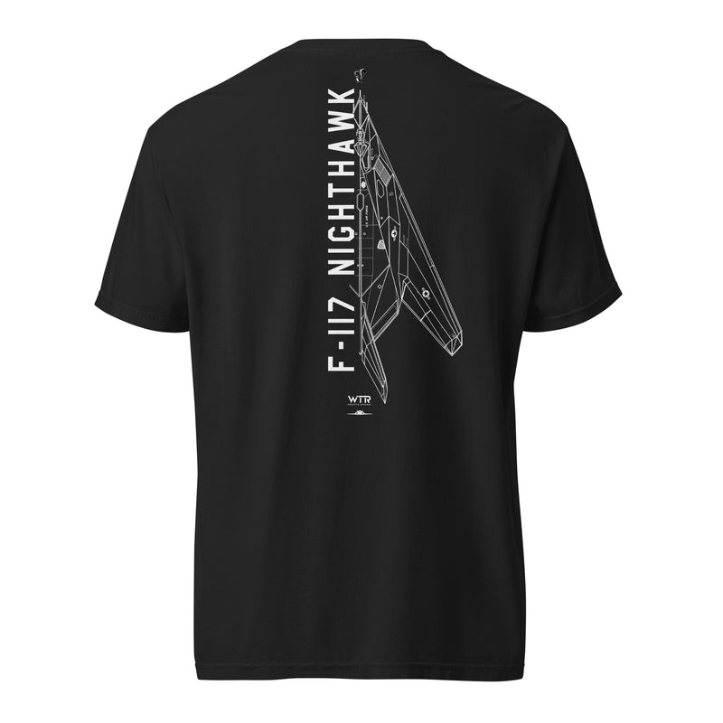 LOCKHEED MARTIN SKUNK WORKS F-117 NIGHTHAWK — hand-drawn artwork printed on standard T-shirt.