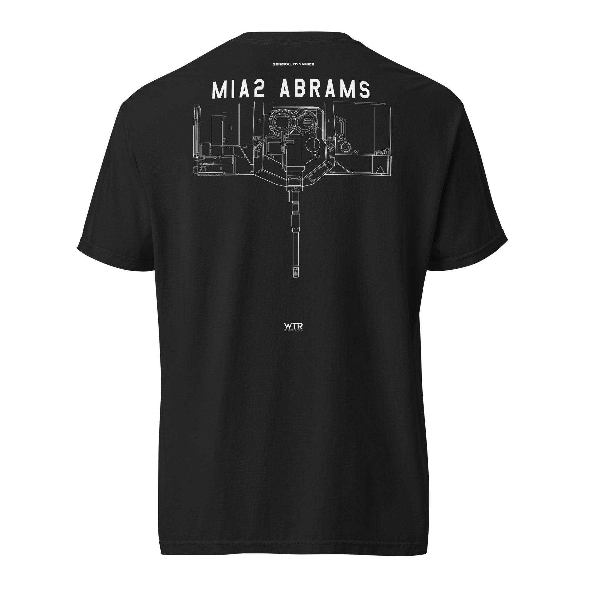 Hand-drawn schematic of the GENERAL DYNAMICS M1A2 ABRAMS TANK printed on a standard T-shirt.