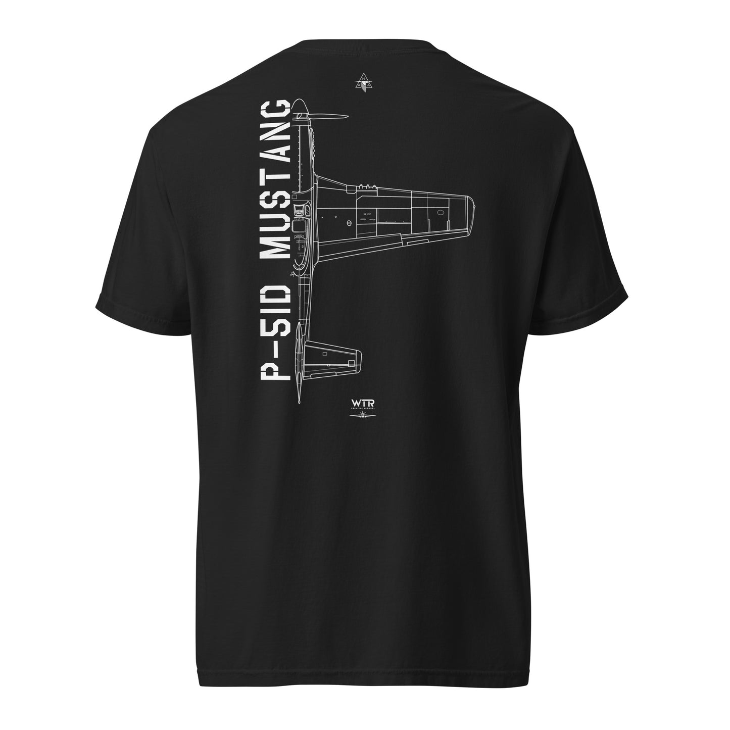 Hand-drawn technical schematic of the North American P-51D Mustang WWII fighter printed on a standard t-shirt.