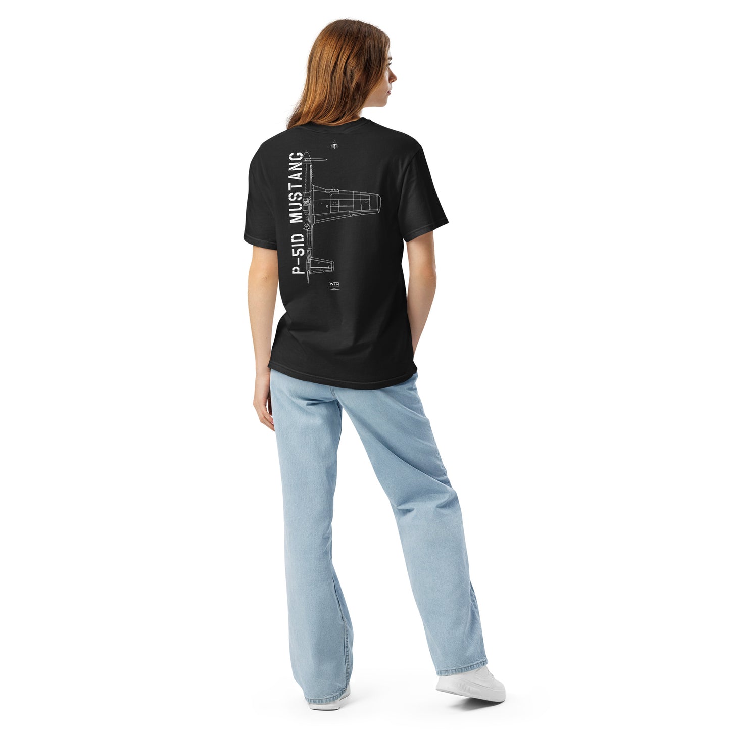 Hand-drawn technical schematic of the North American P-51D Mustang WWII fighter printed on a standard t-shirt.