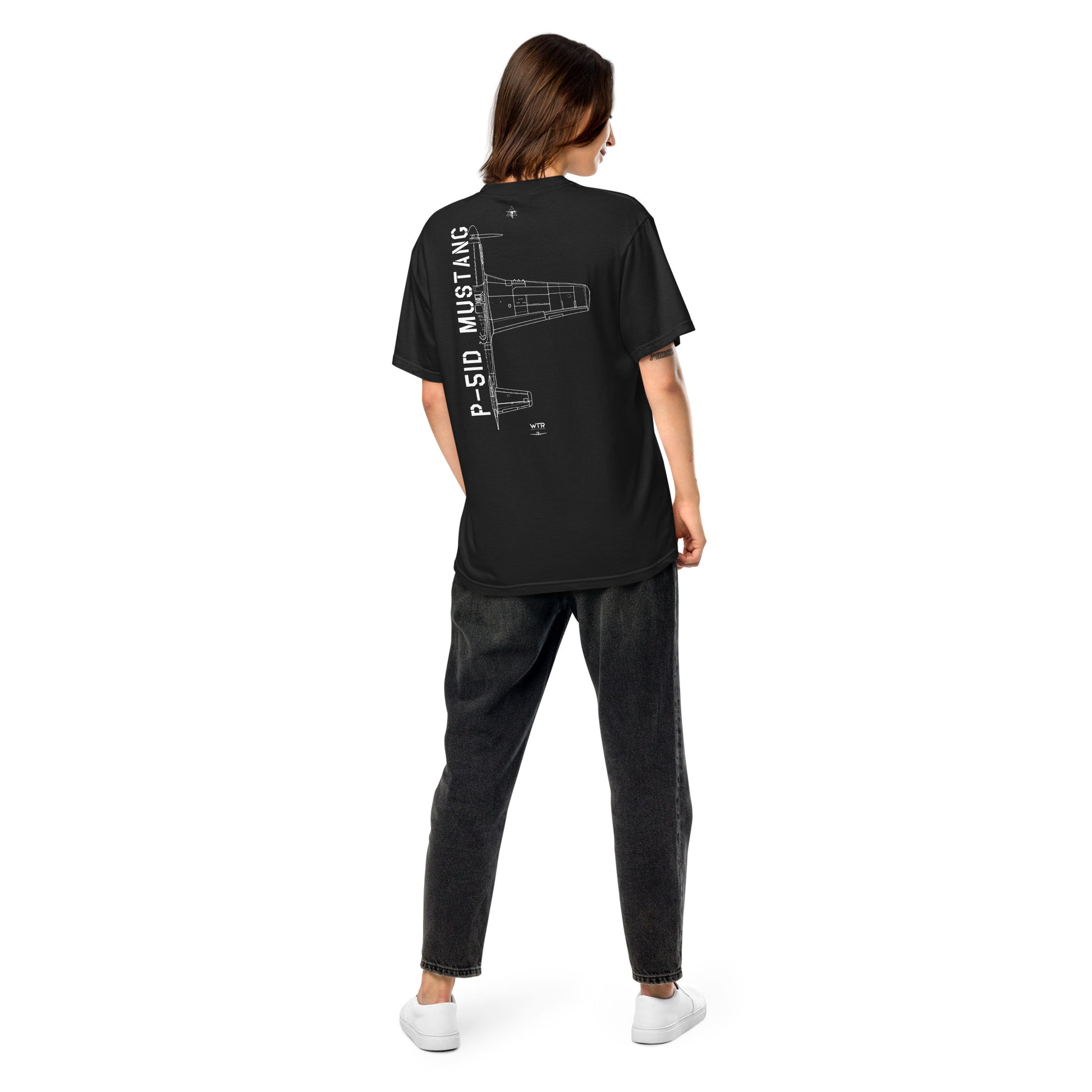 Hand-drawn technical schematic of the North American P-51D Mustang WWII fighter printed on a standard t-shirt.
