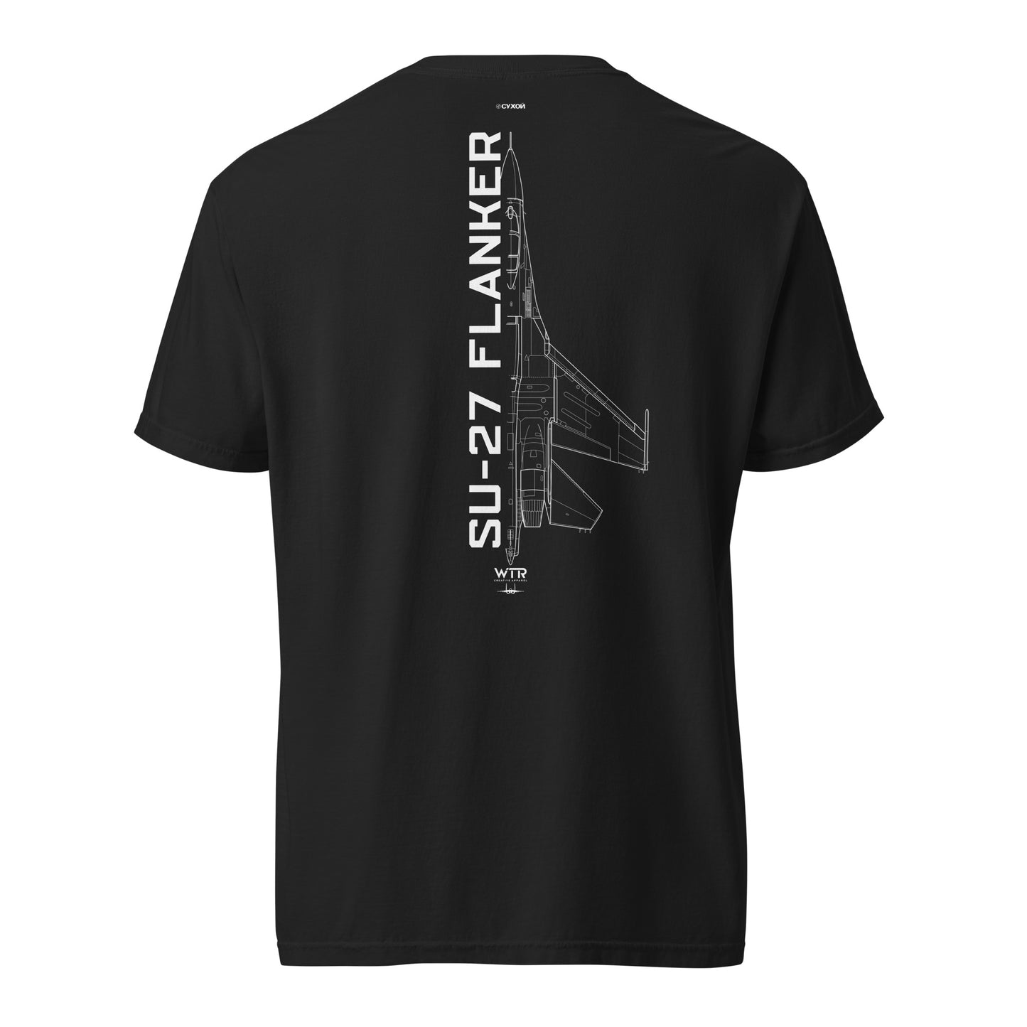 Hand-drawn technical schematic of the Sukhoi SU-27 Flanker supermaneuverable fighter on a standard t-shirt.